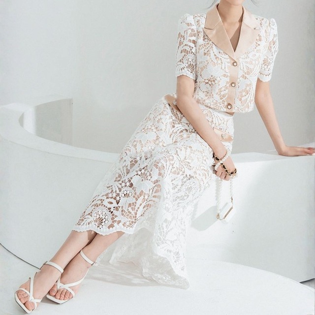 Suit collar elegant slim lace dress set up