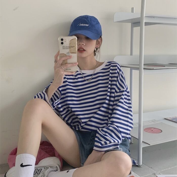 ストライプTシャツ シャツ サマールーズカジュアルトップス ロング 夏物 クレセントシティ70826473030