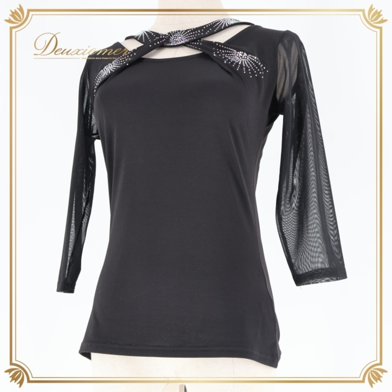 社交ダンス 衣装 トップス ブラウス ブラック系 タカダンス TAKA DANCE 黒 練習 レッスン シンプル 伸縮 ストレッチ 上品 ラインストーン キラキラ ダンス衣装 イベント ステージ パーティー かわいい セクシー 透け感 七分袖 シルバー系