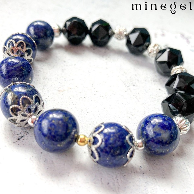 再販⭐️強運＆幸運と魔除け⭐️12mm希少✨無着色ラピスラズリと12mmスターカットモリオンのブレスレット✨ ｜minegel-オーダーメイドできるおしゃれパワーストーンブレスレット