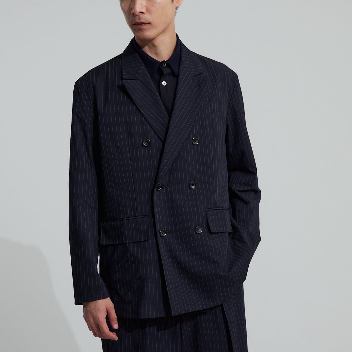 ENCOMING ブラック ストライプ ダブルブレストジャケット PIN STRIPE W-BREASTED JK / ピンストライプダブルブレストジャケット