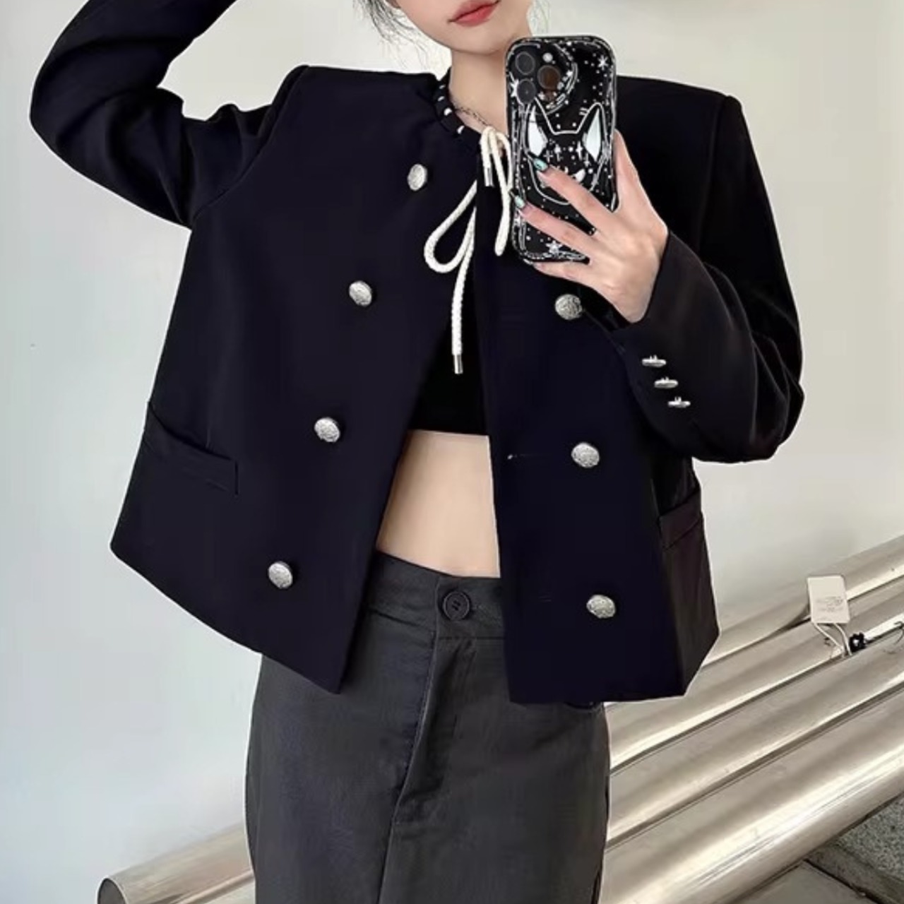 Tweed Cropped Blazer Jacket with Metal Double-Breasted Buttons (ME226)