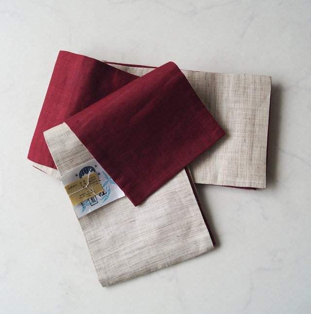 【竺仙・半幅帯】生成色×濃紅色　麻半幅帯