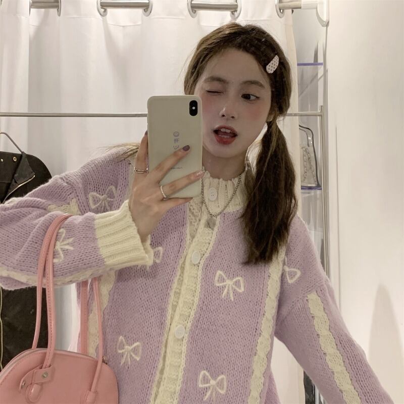 オータムウィンターニットカーディガンセーター レディーススタイルアウター レッド リボン 刺繍 秋物 冬物 萌量不足99066328536