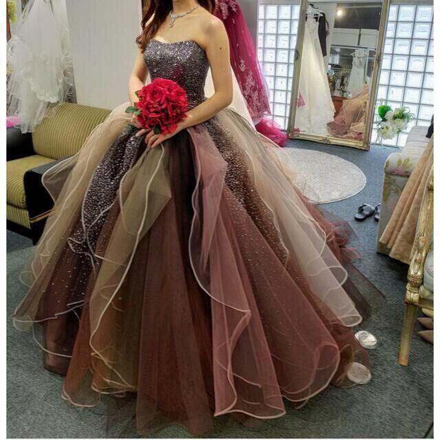 ブラウンカラードレス キラキラチュール ベアトップ 結婚式/披露宴