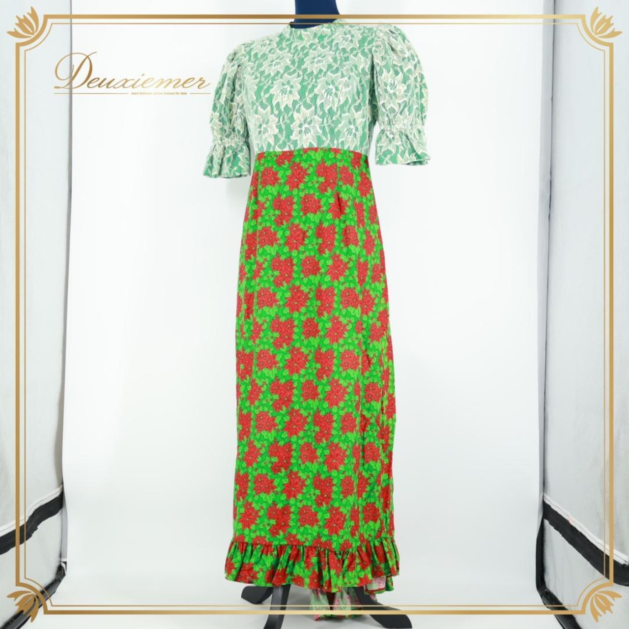 【ハワイ製 フラダンス衣装】グリーン T&L MUUMUU FACTORY ワンピース ドレス 緑 赤 白 レース 花柄 上品 キラキラ かわいい