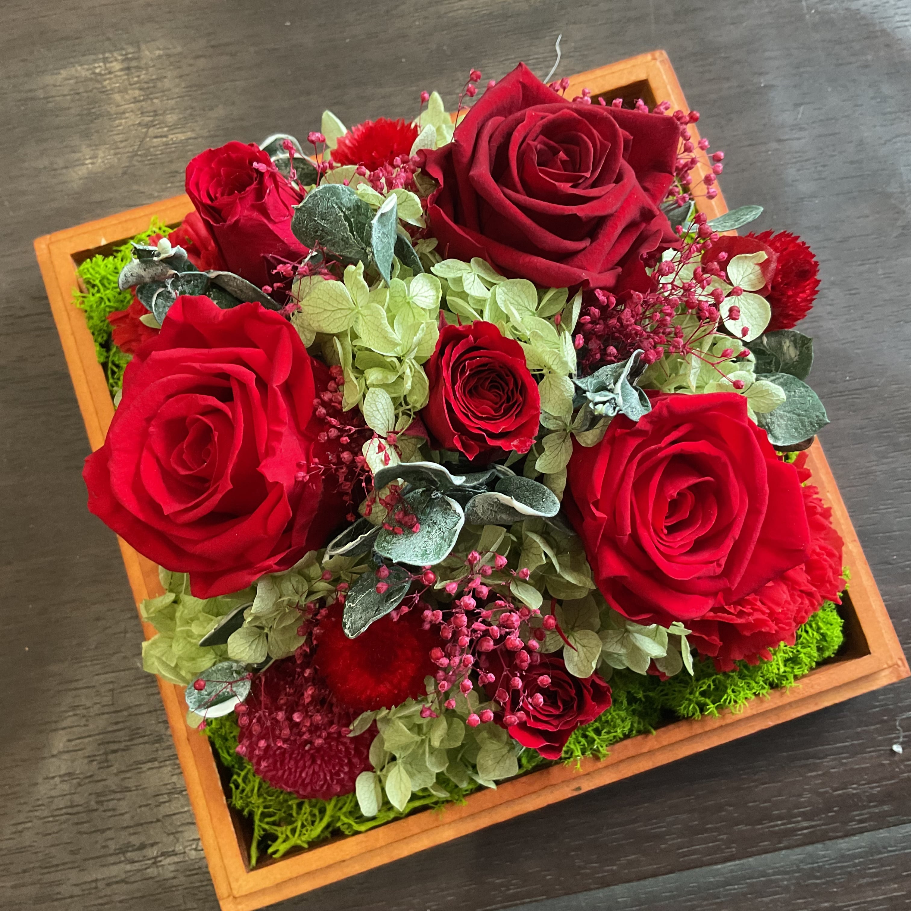 プリザーブドフラワー ガラスケース(正方形・中) ワインレッド