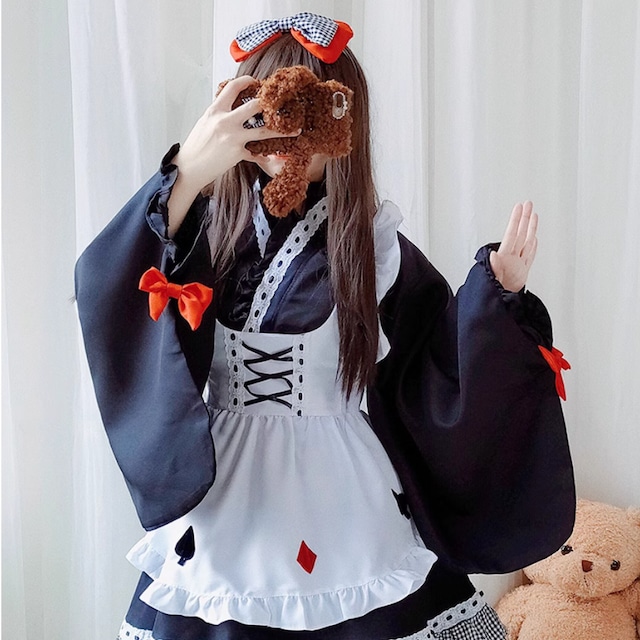 With U ゴスロリ系 和ロリ 4点セット メイド服 ハロウィン イベント衣装 コスプレ ガーリー 甘め ロマンティック ゆめかわ 原宿ファッション 地雷系 量産型 サブカル ろりーた 服