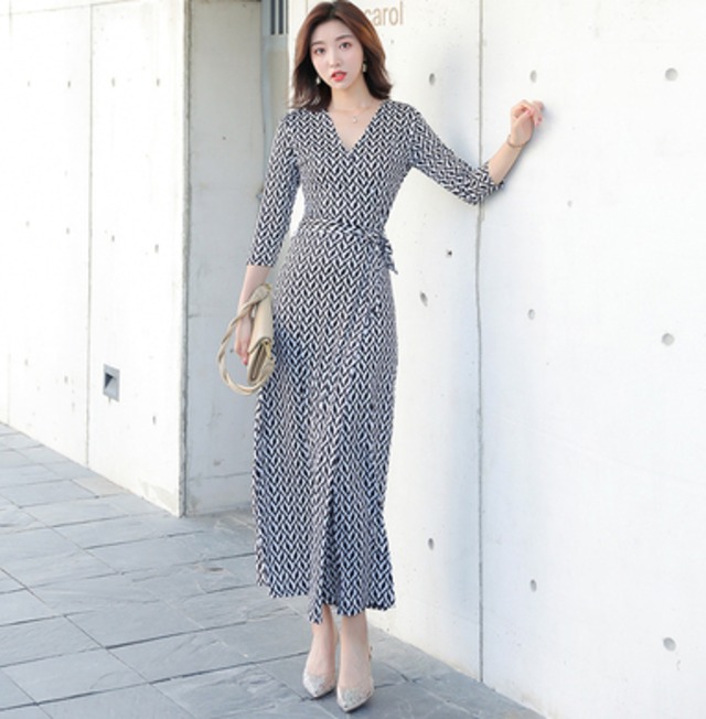 ワンピース 巻ワンピース 春 春夏 Vネック ロング丈 マキシ丈 ハイ  