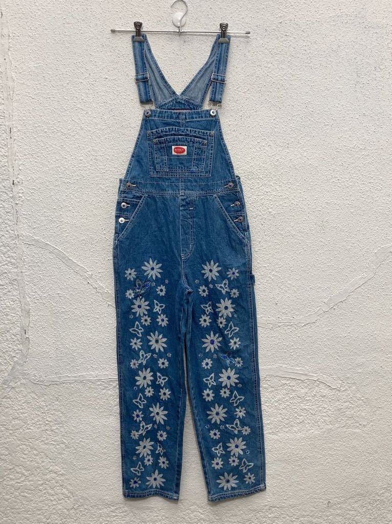 オーバーオール デニム 41着まとめ売りリメイク素材 リペア生地 ハンドメイド REVOLT デニム オーバーオール レディース L ブルー プリント