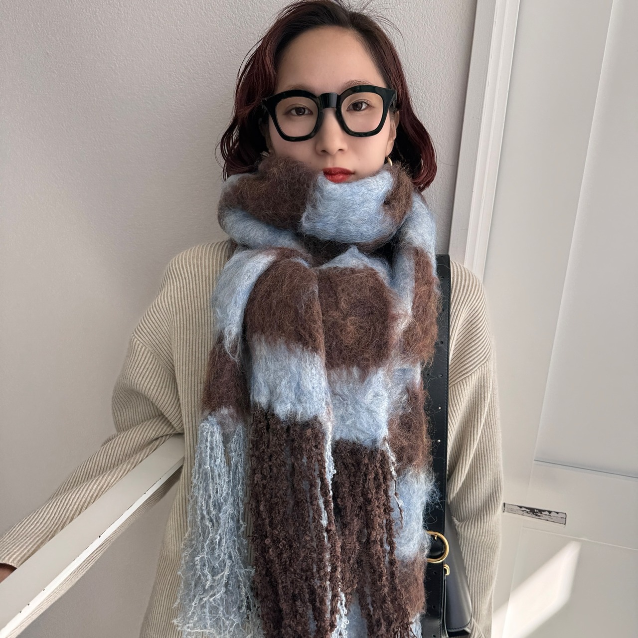 ブロックチェックストールマフラー/ブラウン×ブルー