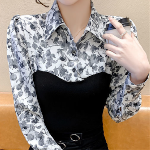 【送料無料】ブラウス 3色 ビスチェ風デザイン 花柄 長袖 秋 重ね着風 カジュアル エレガント系 きれいめ 大人可愛い プチプライス 30代 40代  レディースファッション 可愛い お出かけ 女子会 デイリーユース お茶会 お呼ばれ 授業参観