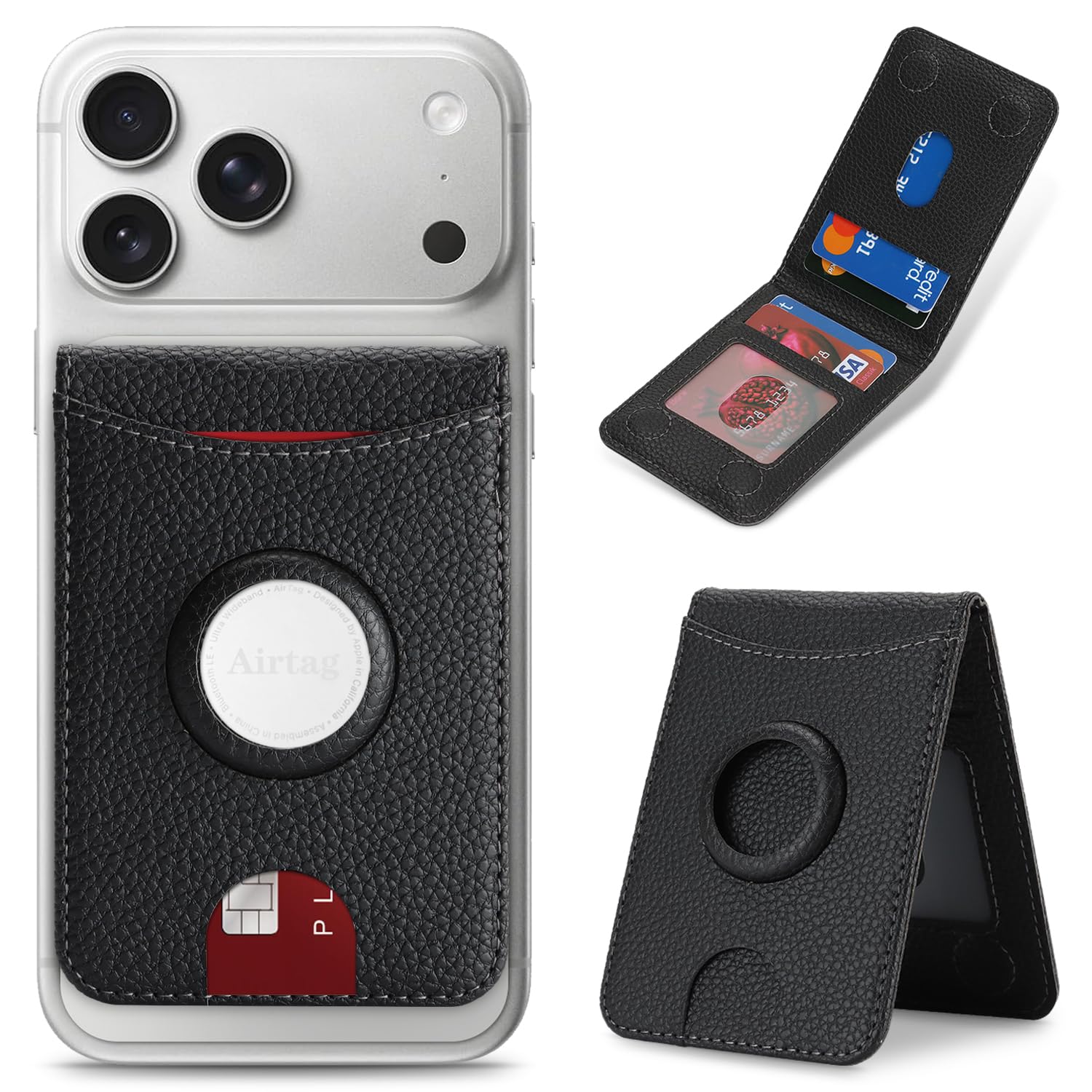Cavor【AirTag専用スロット搭載】MagSafeケース カード入れスマート紛失防止カードケース 5枚カード収納 超薄型MagSafe 小銭入れ Apple検索ネットワーク対応 消磁防止防止脱着簡単 背面カードgps ステント機能磁気ウォレットケースfor iPhone17 Pro Max/17 Pro/Air/17、iPhone 16/15/14/13/12に対応-ブラック