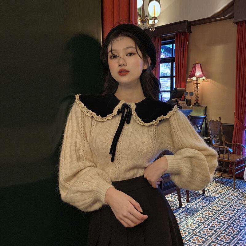 スプリングルーズスリーブプルオーバー セーター ショートカラートップス 春物 スーパーモール90122351030