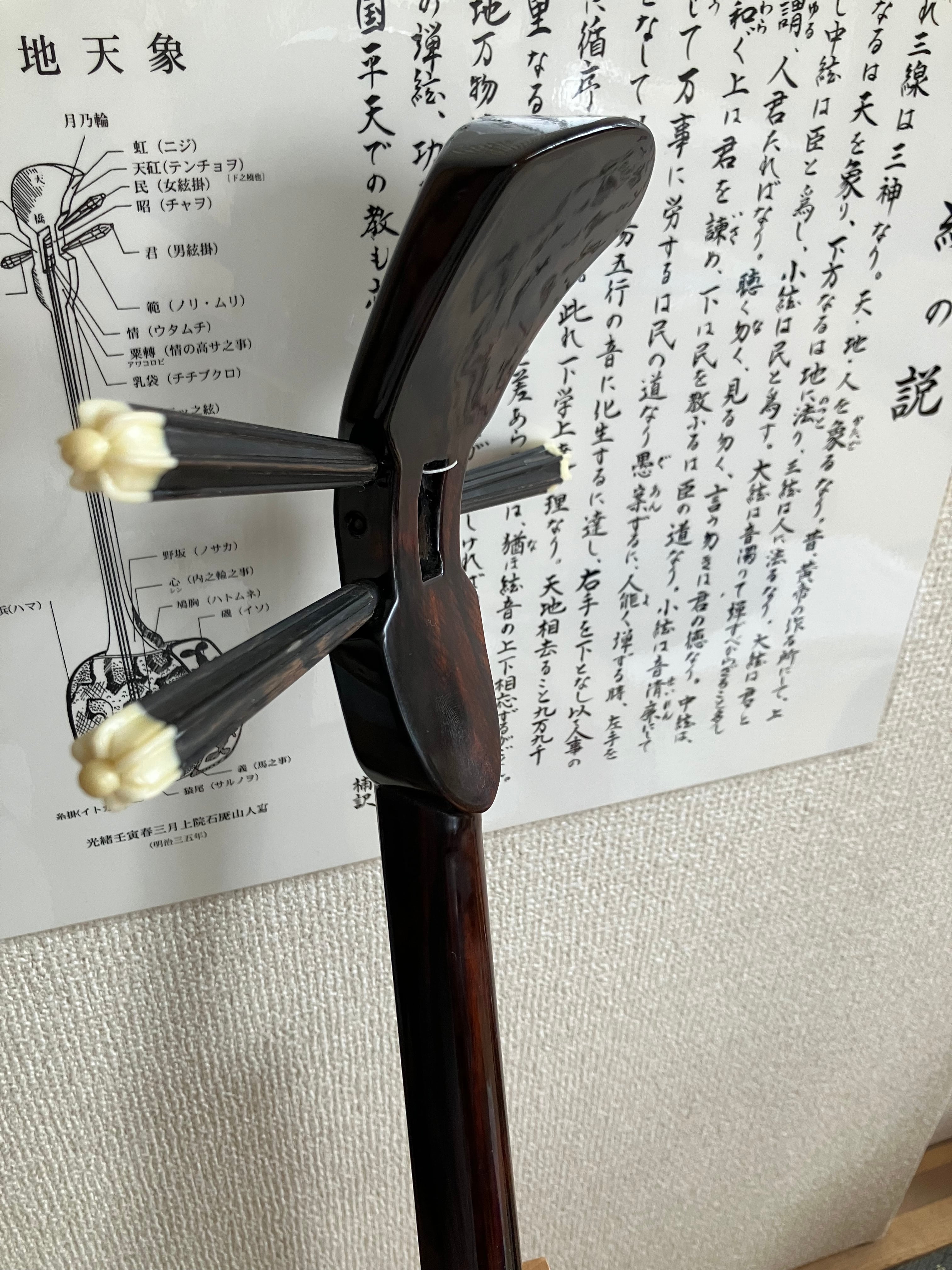 匠 工芸士仲嶺盛文作上級黒檀マカビ型スンチ仕上げ黄本皮 | クオレ三線
