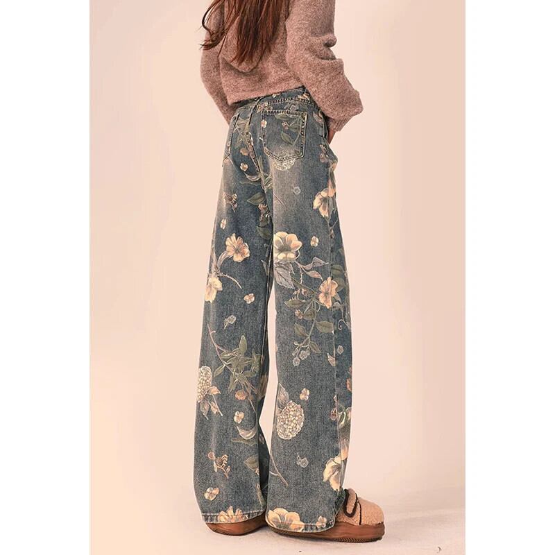 ヴィンテージ花柄ウエストストリートブルーストレートジーンズパンツ
