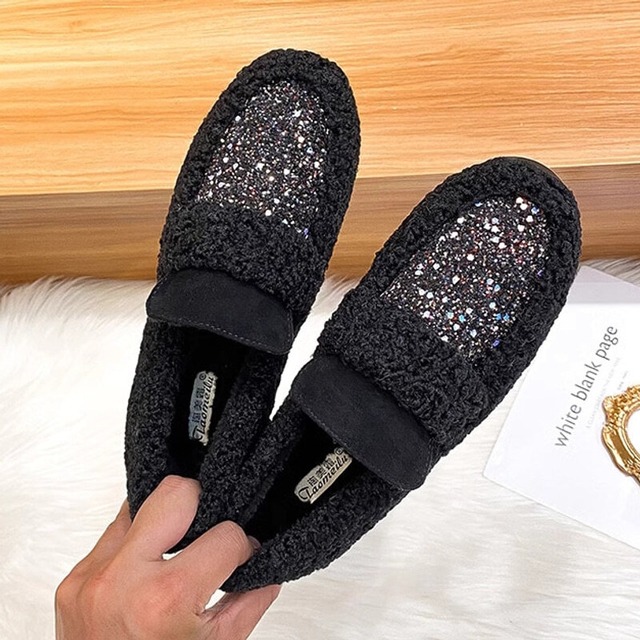 【33-43】glitter boa combi loafers　M1781