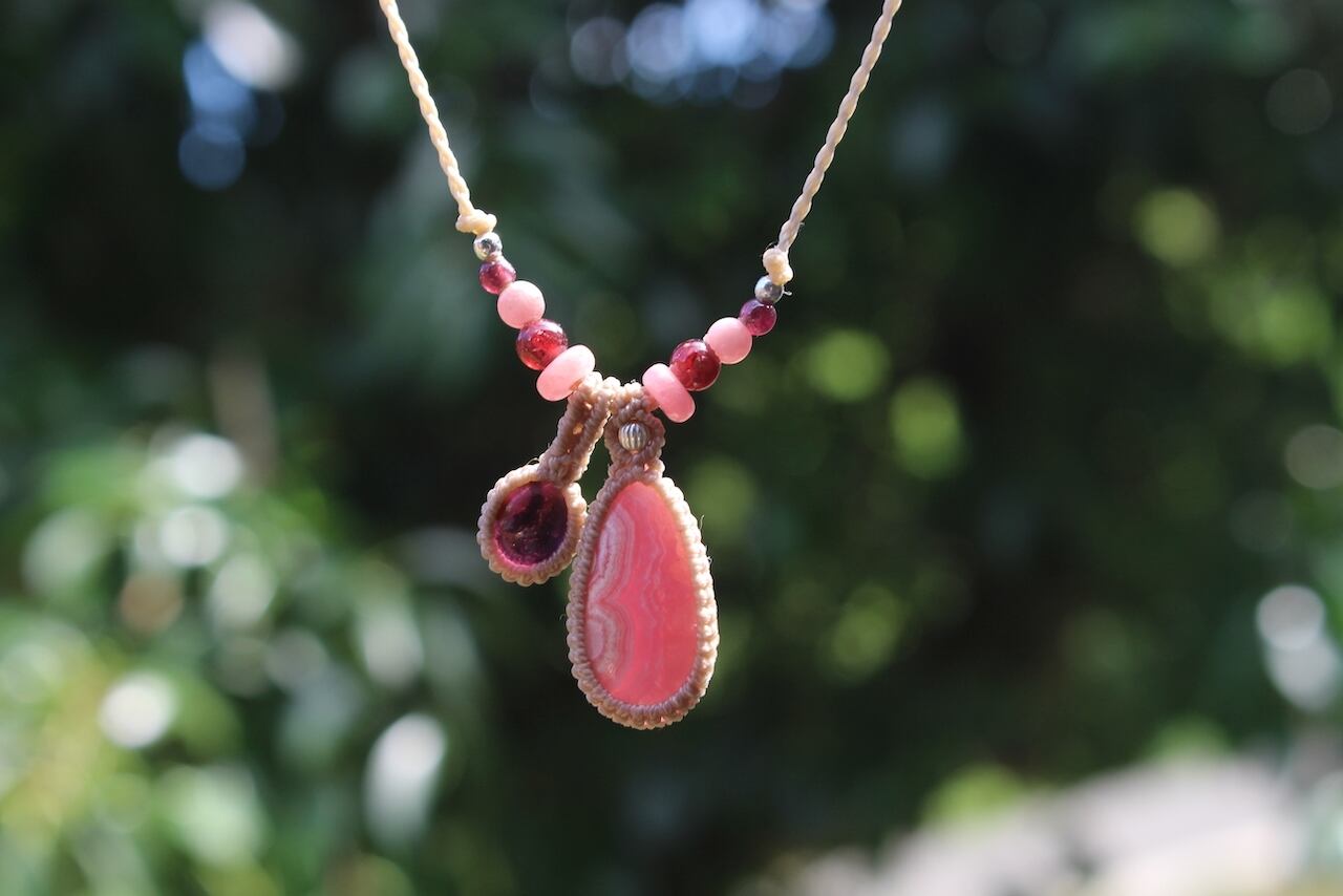 Rhodochrosite  & Rhodolite Garnet micro macrame  pendant