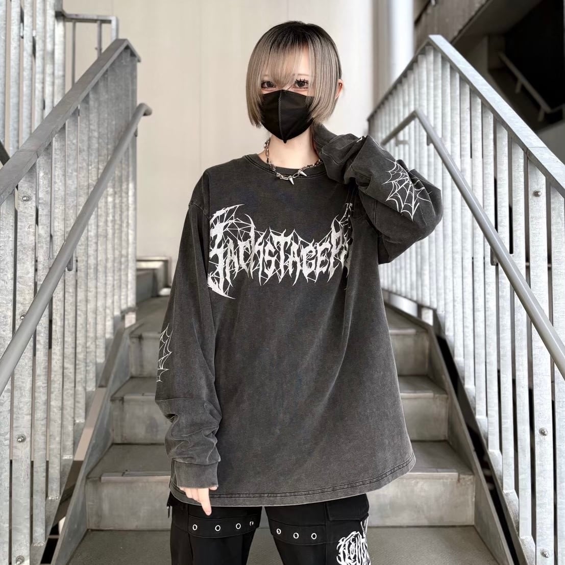 【Backstage pass】SPIDER WEB(スパイダーウェブ)ビッグシルエット クルーネック プリント ロンT  NGS2207  ロンティー ユニセックス サブカル 地雷系