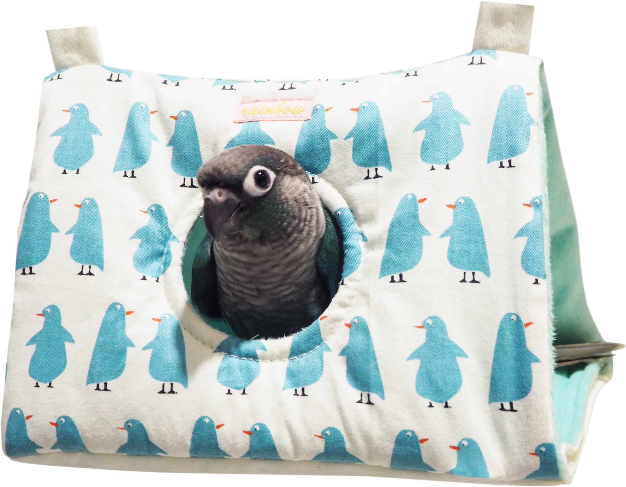 【小鳥用品】ペンギンのさんかくトンネル(M)　ホワイト/グリーン