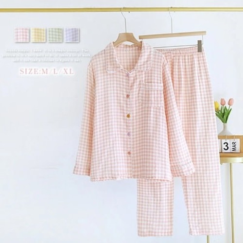ガーゼ パジャマ レディース ルームウェア パンツ コットン 長袖 春 秋 ガーゼコットン 可愛い チェック 春秋 ダブルガーゼ 2重ガーゼ 綿 部屋着 セットアップ 2点セット ナイト 寝間着 寝巻