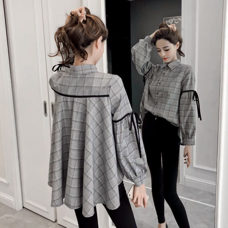 初回送料無料 新作長袖トップス ゆったりサイズパフスリーブシャツ チェック 人気上着