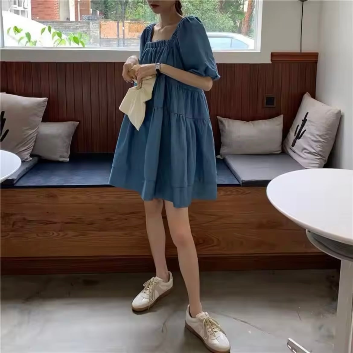 スクエアネックデニムティアードミニワンピース