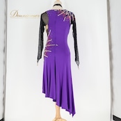 社交ダンス 衣装 ラテン ドレス ワンピース ラテンドレス 紫 ゴールド 長袖 パープル系 デモ 競技 フェスティバル 豪華 おしゃれ ショート丈 競技用 ダンスパフォーマンス 発表会 パーティ ステージ 衣装 演出用 ストレッチ シンプル
