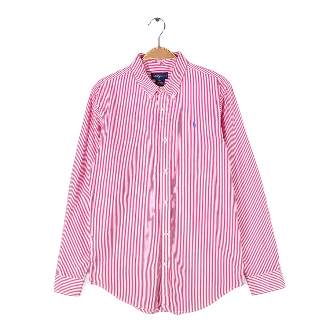90s ラルフローレン ストライプ ボタンダウンシャツ 長袖シャツ ワンポイントロゴ ポニー刺繍 RALPH LAUREN メンズS相当 古着 @CA1498