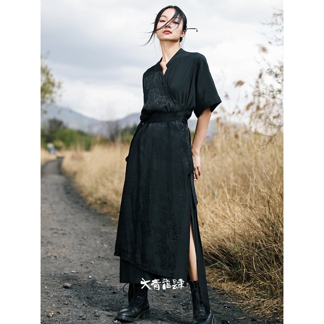 之x大青龍肆 チャイナ風ワンピース ブラック 和服 浴衣 夏 合わせやすいい 暗プリント 之 之x大青龍肆 チャイナ風ワンピース ブラック 和服 浴衣 夏 合わせやすいい 暗プリント 之