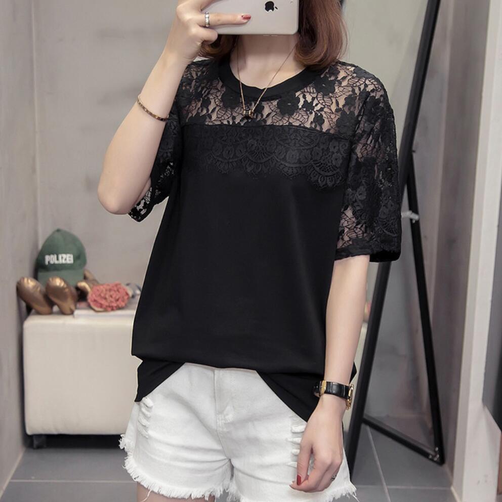 新作8月8日 （黒）デコレーションレースのエレガントTシャツトップス