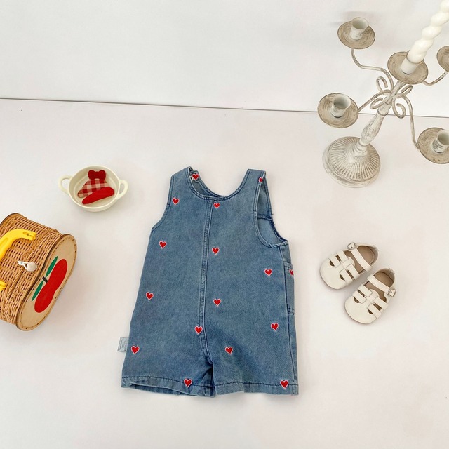 【BABY】ハート刺繍ウォッシュデニムサロペットパンツ - 4