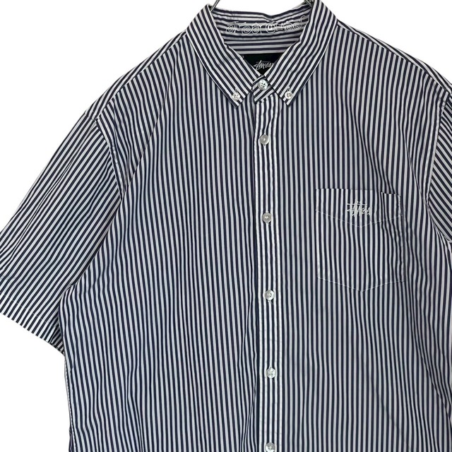 stussy ステューシー 半袖シャツ ストライプ 切り替え 刺繍ロゴ ワン 