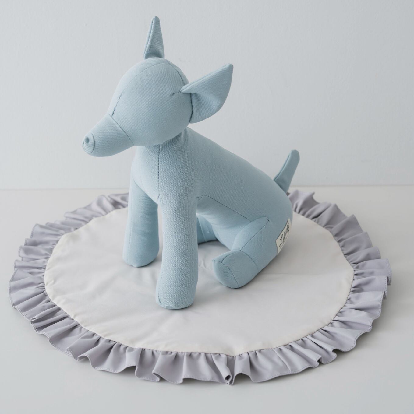 巾着ポーチ付】バイカラーフリルカフェマット アイボリー×グレー