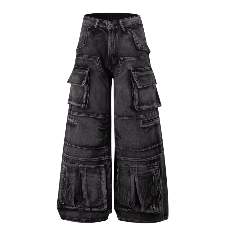 Street wash heavy multi-pocket denim pants 0014