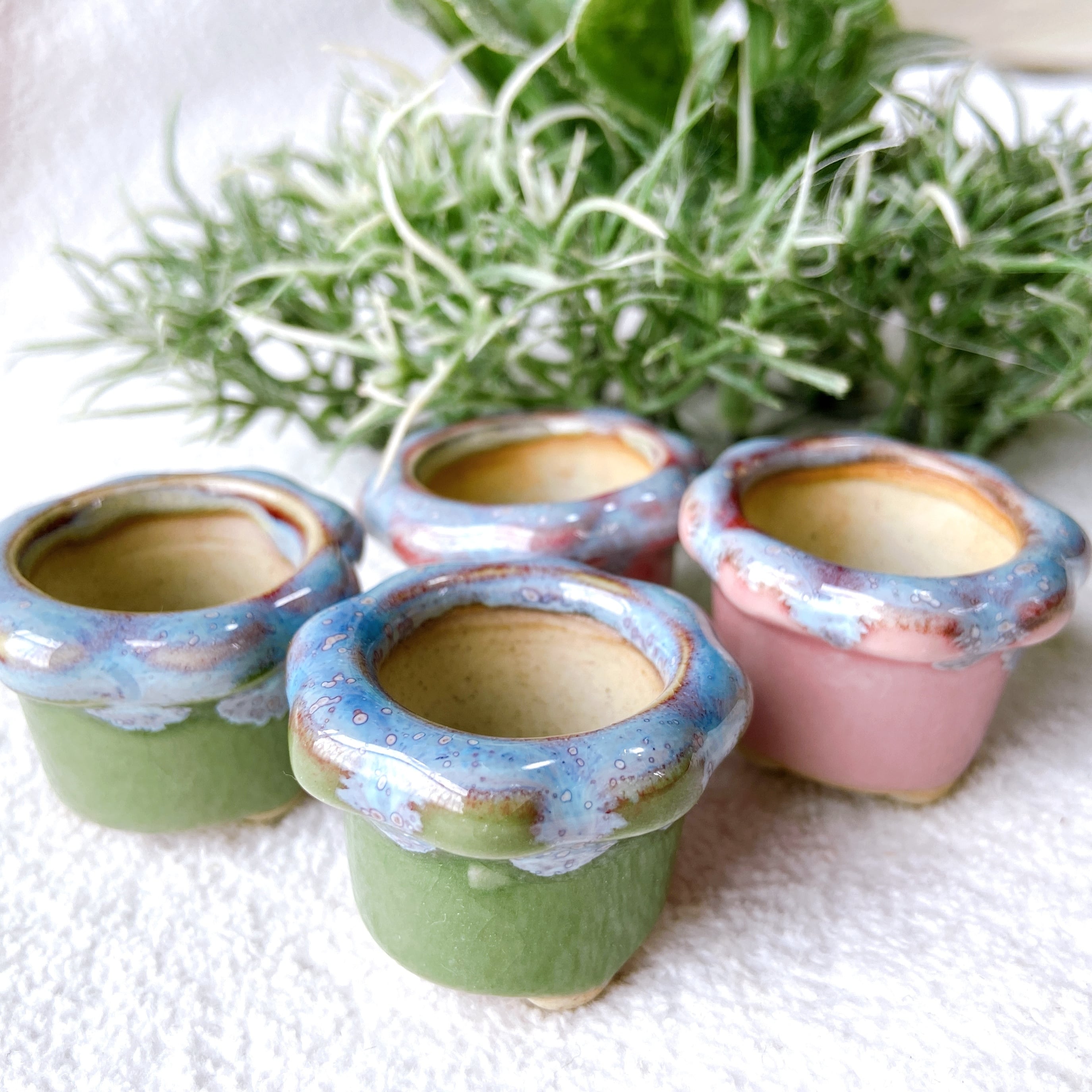 緑色とピンク色の陶器製植木鉢 4点セット】シンプルな形で植物が