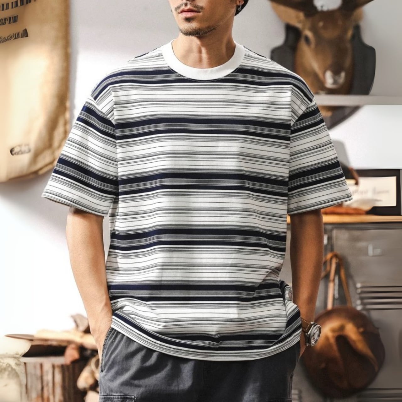 ボーダー柄 クルーネック オーバーサイズTシャツ 00520