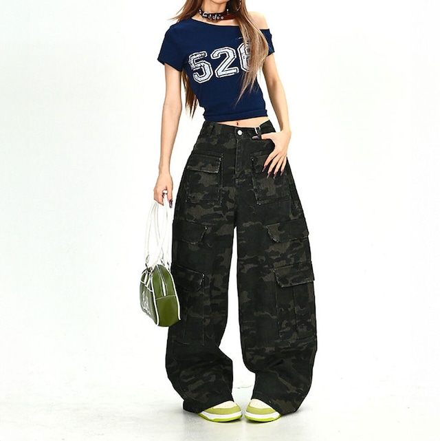 ルーズフォルムカモフラパターンカーゴパンツ 1col R01905