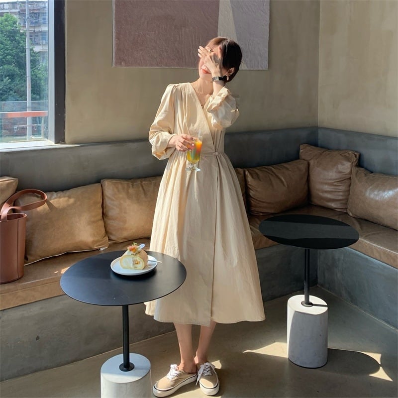 スタンダードVネックドレス オータムスリムロングスカート ウェスト レトロ 秋物 モンロー68904900946