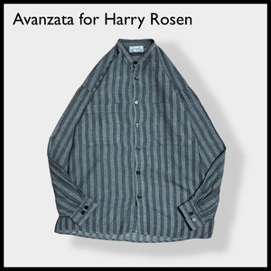 【Avanzata for Harry Rosen】カナダ製 ストライプ ノーカラーシャツ 柄シャツ 長袖 カジュアルシャツ L ビッグシルエット オーバーサイズ CANADA US古着