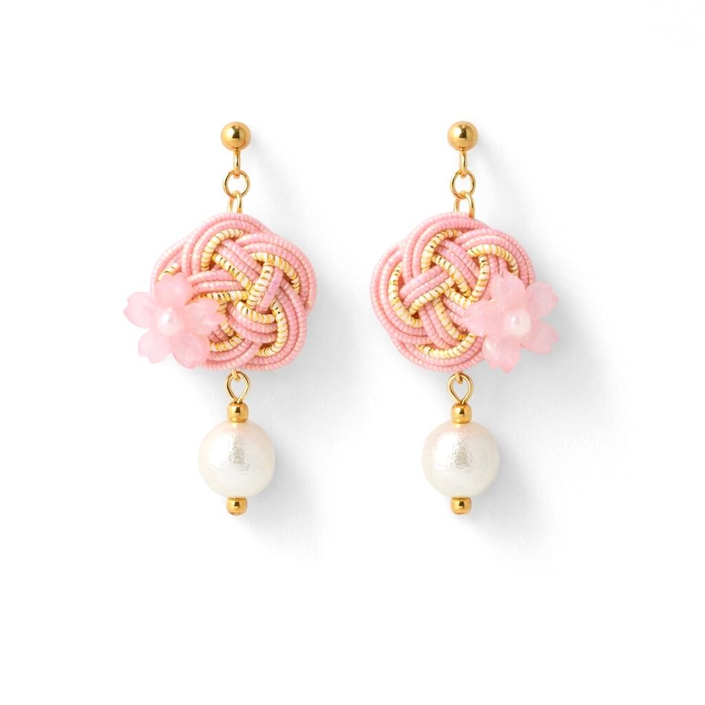 梅と桜の水引ピアス(コットンパール)|ピンク