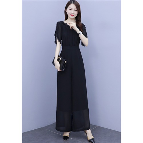 パンツドレス ジャンプスーツ 大きいサイズ XL 2XL 3XL ワイドレッグパンツ ハイウエスト 半袖 エレガント スタイリッシュ お呼ばれ フォーマル 体型カバー 夏服 薄手 オールインワン