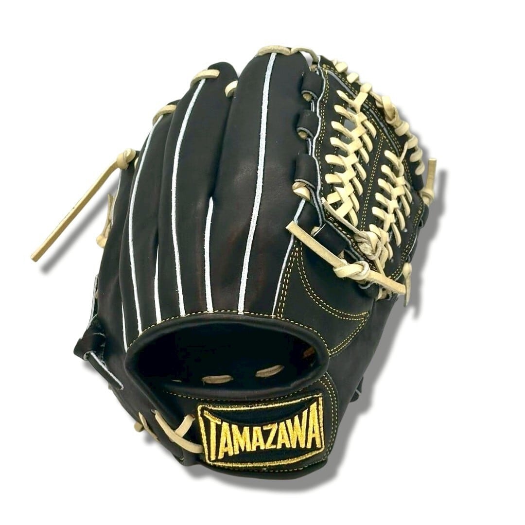 【軟式】玉澤 内野グローブ CHALLENGER TG-J900 本体ブラック 紐キャメル 1枚目左側S-4ラベル、右側DX-1ラベル|タマザワ_02