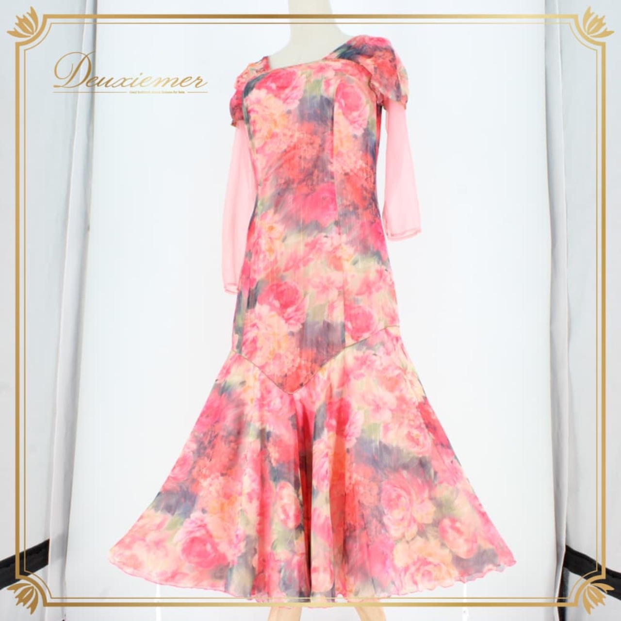 社交ダンス 衣装 スタンダード ドレス ワンピース レッスンウェア パーティドレス レディース U:NA ピンク系 グリーン系 オレンジ系 レース カラフル 花柄風 フレアスカート ティアード風 ひざ丈 ロング丈 ロングスカート 練習用 パーティー スタンダード用 ワルツ フォーマル サイズ9号 ファスナー ポリエステル 薄手素材 上品 大人可愛い ダンス衣装 発表会 舞台映え