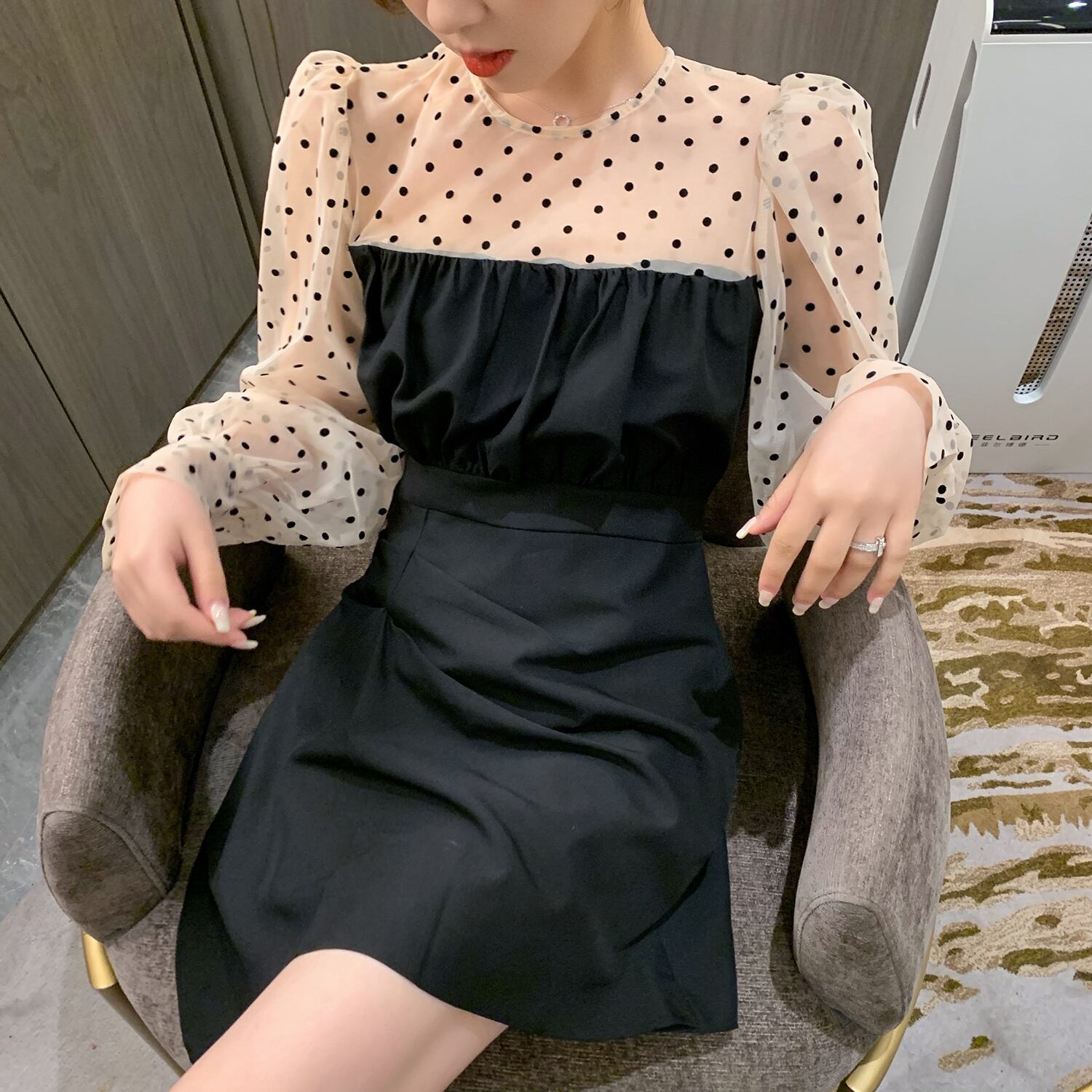 スプリングサマースタンダードメッシュ水玉ドレス ウェストスリムブラックAラインスカート レトロ 春物 夏物 ステッチ 6Du_Shop_Women46072605457