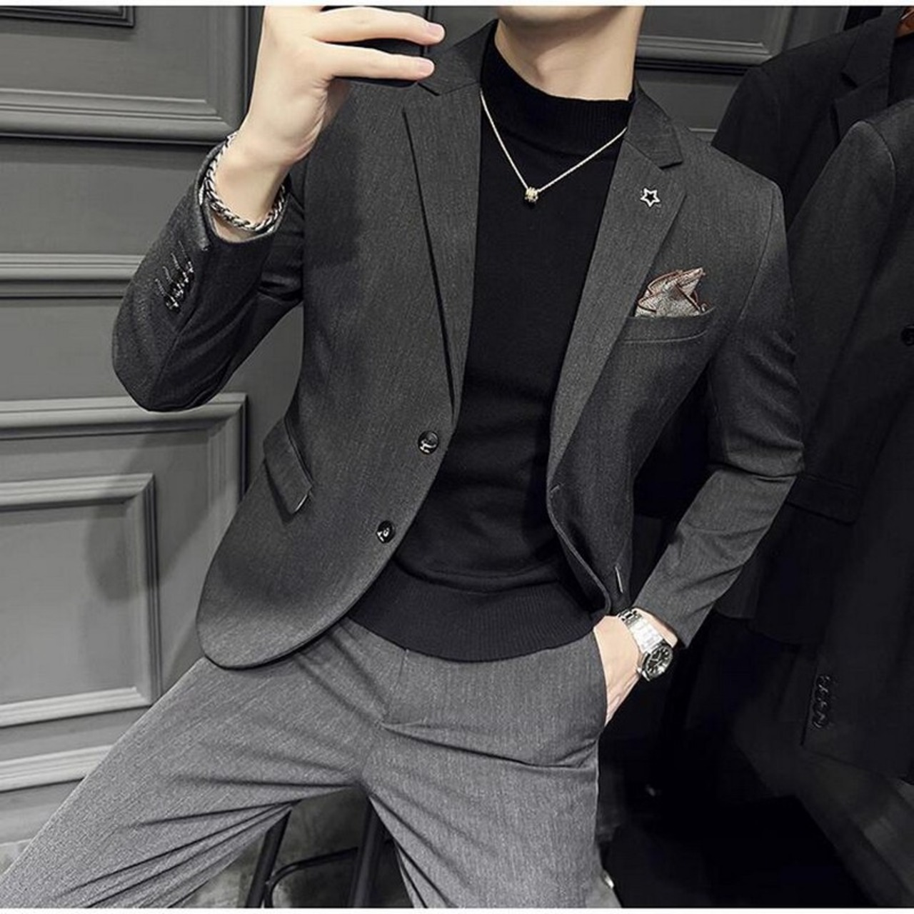 dark striped casual suit jacket 00143
