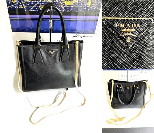 PRADA  プラダ　SAFFIANO LUX　サフィアーノ ルクス　GALLERIA　レザー　2way　ハンドバッグ　ショルダー　バイカラー　ミニ 黒