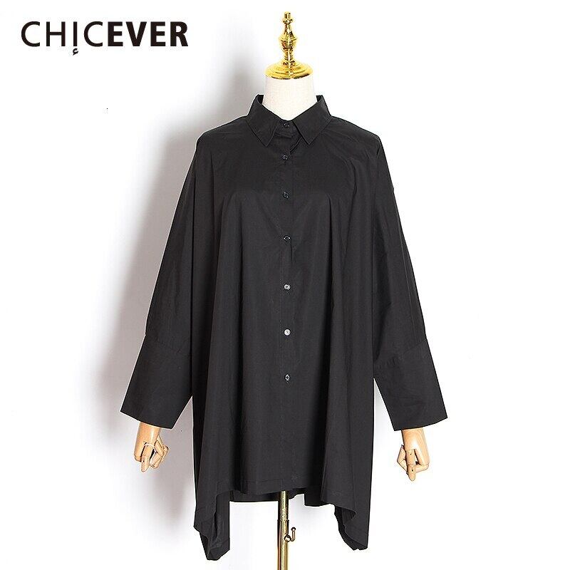 CHICEVERヴィンテージブラックレディースシャツラペルカラー長袖ルーズ非対称ブラウス2020秋の服 ロング オータム 秋物 ビンテージ 6base572176515127