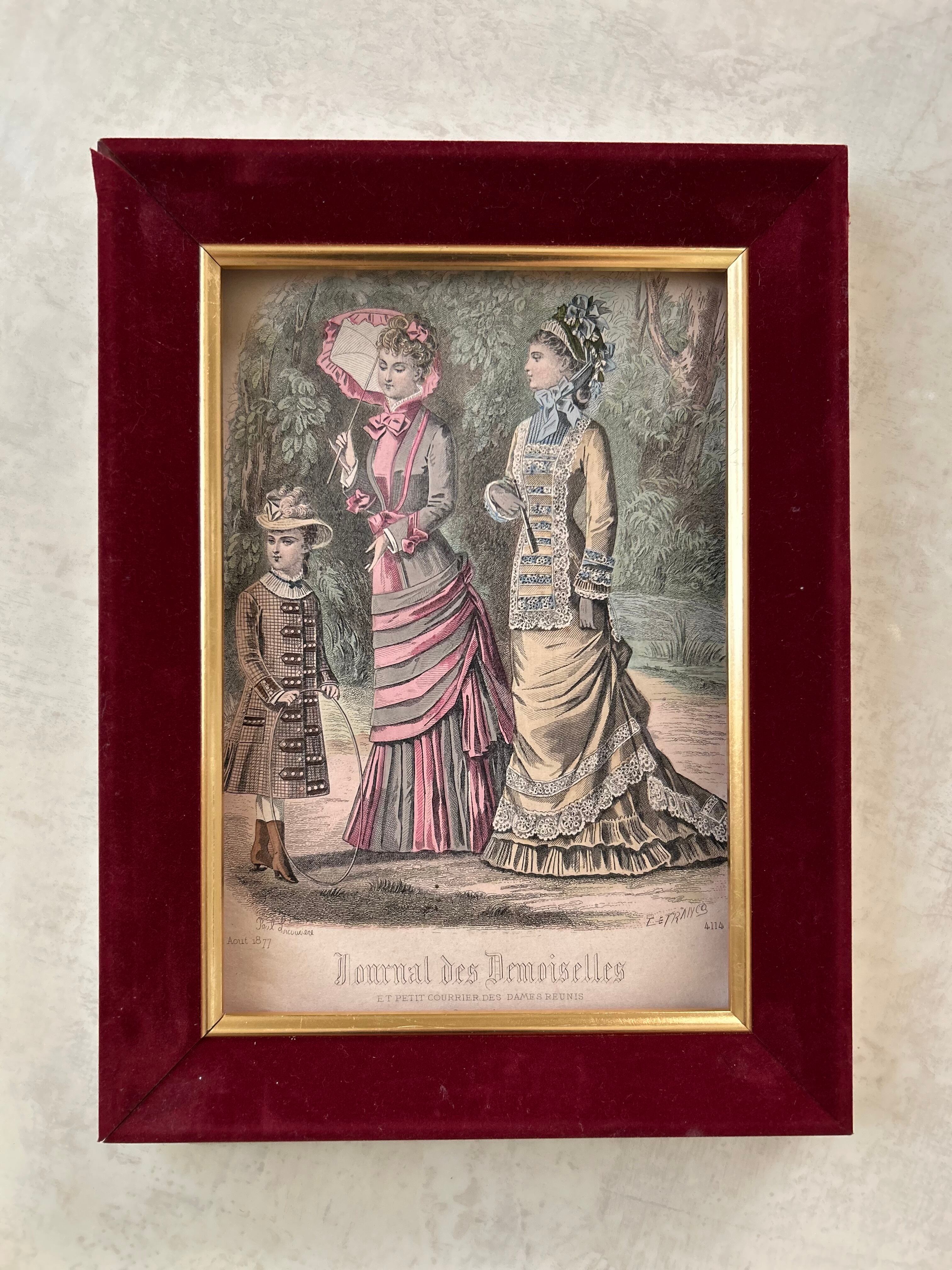 フランスアンティーク JOURNAL DES DEMOISELLS リトグラフ モード画 1877年 石版画 ファッションプレート 額装 インテリア