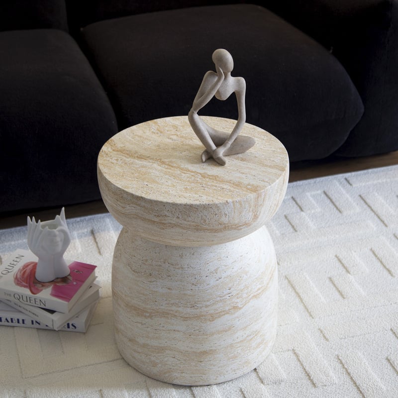 サイドテーブル 円形 木目調 トラバーチン調 韓国風 北欧 おしゃれ